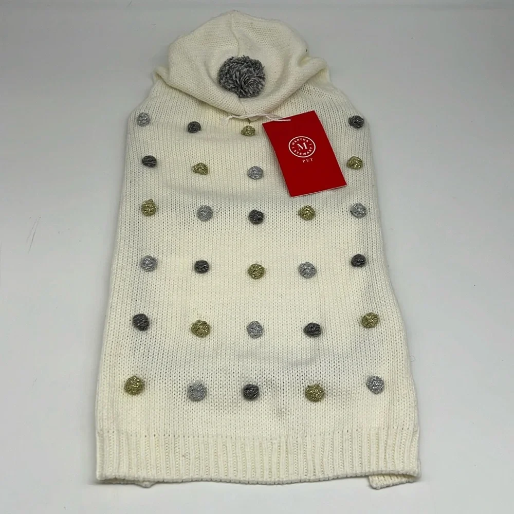Martha Stewart Cram Ivory‎ Dog Sweater Metallic Pom Pom Hooded Festive Large
